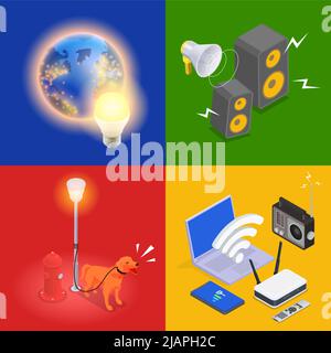 Lumière de bruit et pollution électromagnétique Isométrique 2x2 ensemble de vecteur isolé illustration Illustration de Vecteur