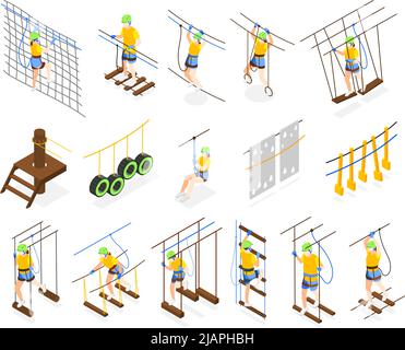 Parc d'activités de plein air icônes isométriques ensemble de personnes marchant à travers des obstructions de ropewalk illustration vectorielle isolée Illustration de Vecteur