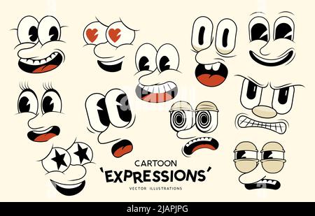 Une collection de visages de dessins animés rétro classiques et d'expressions émotionnelles ! illustration vectorielle. Illustration de Vecteur