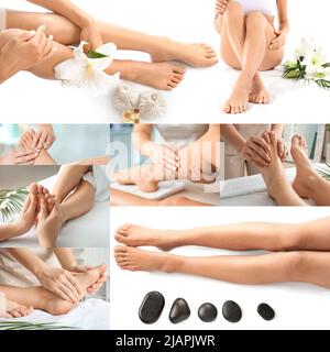 Collage avec de belles jeunes femmes recevant un massage des pieds dans le salon de spa Banque D'Images