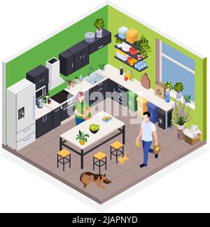Famille adhérant à la théorie de la vie durable zéro déchet dans la cuisine maison intérieur illustration vectorielle isométrique Illustration de Vecteur