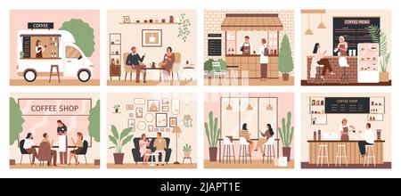 Café-restaurant, ensemble de compositions de couleurs isolées avec vue sur les personnes se rencontrant les unes les autres dans l'illustration de vecteur de café Illustration de Vecteur