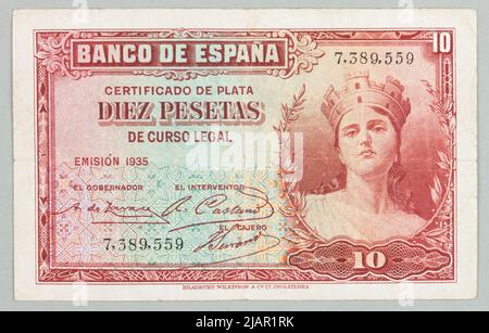 Billet sur 10 pesetas ; Banco de Spain, Espagne, 1935 (1936) Bradbury, Wilkinson & Co Banque D'Images