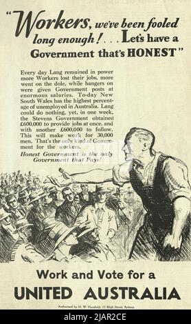 Publicité électorale australienne pour le Parti de l'Australie unie lors de l'élection de l'État de Nouvelle-Galles du Sud en 1932. La publicité attaque le Parti travailliste australien et son chef Jack Lang Banque D'Images