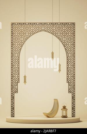 3d modèle de création d'arrière-plan de rendu, thème de bannière islamique avec couleur beige, ramadan kareem, eid mubarak Banque D'Images