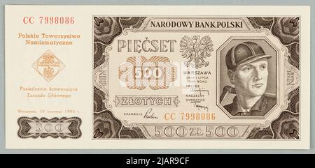 Billet pour PLN 500; Banque nationale de Pologne; 1.07.1948/ 10.06.1995 PWPW Warsaw, Borowski, Wacław (1885 1954), Schmidt, Jindrich (1897 1984) Banque D'Images