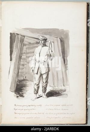 Carnet de croquis des années autour de 1866 ok. 1873 carte n° 80 (pas de numérotation de l'auteur) deux interprétations contre : 1. Górnik avec un pioche dans un puits de mine (illustration pour la chanson Hey frères mineurs ; Revers: 2. Un buste d'une fille aux cheveux bouclés séparés par une raie Łosik, Tomasz (1848 1896) Banque D'Images