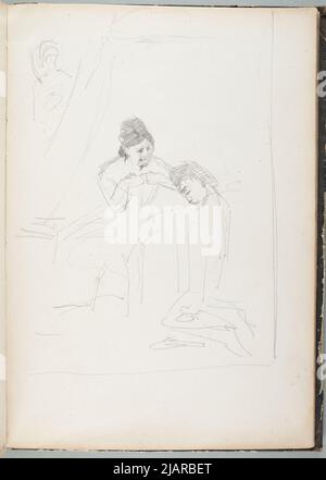 Carnet de croquis des années autour de 1866 OK.1873 carte No. 93 (pas de numérotation de l'auteur) trois dessins obverse: 1. Un homme s'agenouillant avec une tête suspendue devant une chaise assise sur une chaise, perçant une femme; inverse: 2., 3. Deux croquis des figures des personnages debout Łosik, Tomasz (1848 1896) Banque D'Images