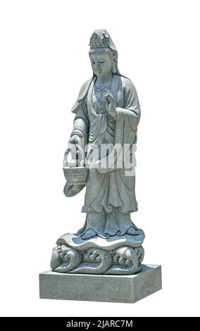 Sculpture en pierre isolée du panier de maintien Guan Yin pour la décoration de jardin extérieur. Vue de face de la sculpture de Guan Yin avec panier. Banque D'Images