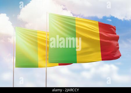 Ciel bleu ensoleillé et drapeaux du mali et du mali Banque D'Images