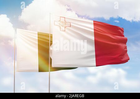 Ciel bleu ensoleillé et drapeaux de malte et du pakistan Banque D'Images