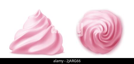 Tourbillon de crème rose fouettée ou meringue vue latérale supérieure 3D vecteur. Crème anglaise, beurre ou crème fraise pour la décoration gâteau, cupcake ou muffin, éléments réalistes isolés sur fond Illustration de Vecteur