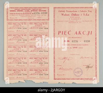 5 actions au porteur, valeur nominale unitaire 100 PLN, usines industrielles et Wag Weber Factory, Dähne et S Ka S.A. à Varsovie; Varsovie; 1931 avec talon et 1 10 coupons (No I X) ABC. Marszałkowska 97, Varsovie Banque D'Images