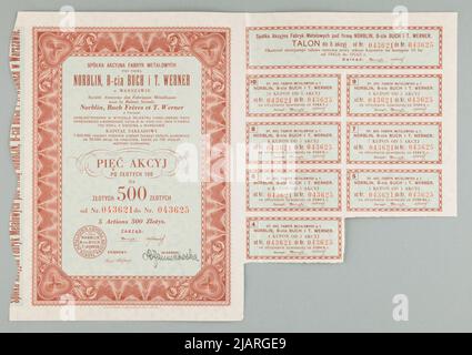 5 actions au porteur pour PLN 100 pour PLN 500, une société d'actions de Metal Factory sous Norblin, B Cie Buch et T. Werner à Varsovie; Varsovie; 1935 avec un coupon et 7 coupons (No 5 10) PWPW S.A. Varsovie Banque D'Images