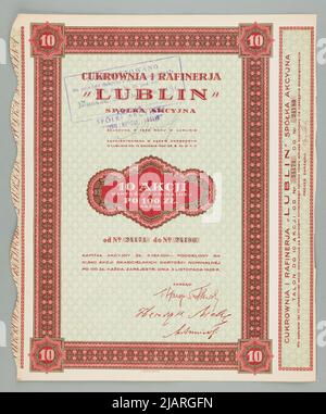 10 actions au porteur pour 100 PLN chacune, sucrerie et raffinerie Lublin S.A.; Lublin; 3.11.1925 avec un bon Wattson, Gwidon Banque D'Images