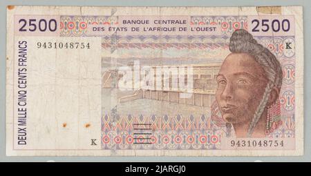Billet de banque sur 2500 Francs, Banque centrale des États de l'Afrique de l'Ouest, Afrique de l'Ouest, K Sénégal, (19) 94 Banque de France, Paris Banque D'Images