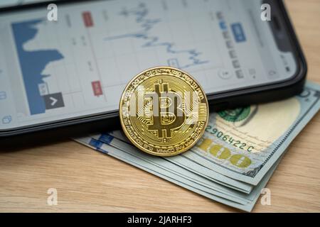Bitcoin BTC pièces de crypto-monnaie et billets en dollars américains à côté d'un téléphone portable montrant un tableau de chandeliers. Achat et échange de crypto-monnaies Banque D'Images