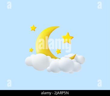 Lune en croissant, étoiles dorées et nuages blancs Illustration de Vecteur