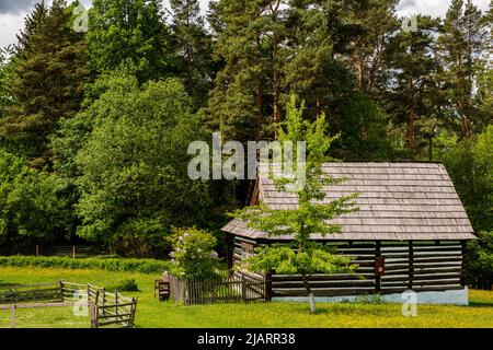 Skansen avec des maisons de village en bois près du château de Sara Lubovna en Slovaquie en été. Banque D'Images