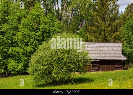 Village contemporain en bois près du château de Stara Lubovna en Slovaquie. Banque D'Images