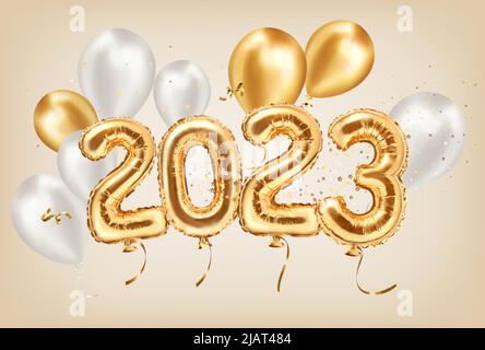 2023 vacances de décoration dorée sur fond beige. Bonnes vacances pour la nouvelle année 2023. Ballons or et argent 2023 avec confettis dorés scintillants Illustration de Vecteur