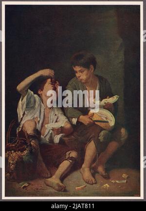 Garçons mangeant du raisin et du melon par Bartolomé Esteban Murillo Editeur par A.E. Seemann à Leipzig, Murillo, Bartolomé Esteban (1618 1682) Banque D'Images