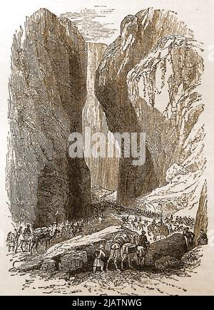 1839 - une ancienne gravure britannique montrant des troupes traversant le col de Bolan dans la zone de Toba Kakar, dans la province du Baloutchistan, au Pakistan, à 120 km (75 miles) de l'Afghanistan. Il constitue l'équivalent sud du col de Khyber. En février 1839, pendant la première guerre anglo-afghane, l'armée britannique sous Sir John Keane a emmené 12 000 hommes à travers le col de Bolān pour sécuriser Qandahar. Banque D'Images