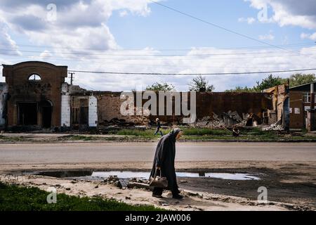 Conséquences de la paix russe dans la ville de Trostyanets. Région de Sumy. Bâtiments civils. Invasion militaire russe de l'Ukraine Banque D'Images