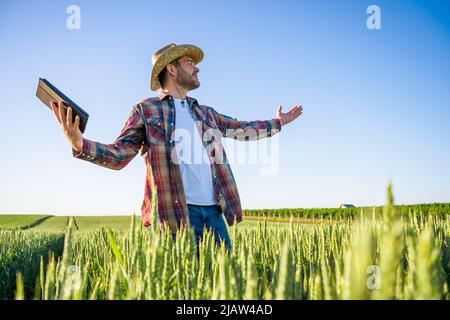 L'homme cultive de l'orge sur ses terres. Il est satisfait en raison du bon progrès des cultures. Banque D'Images