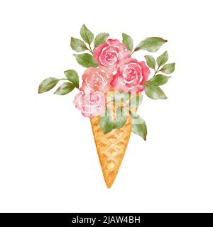 Cornet de gaufres à la crème glacée avec bouquet floral. Composition aquarelle de fleurs dans une tasse à gaufres. Carte postale, bannière avec roses. Banque D'Images