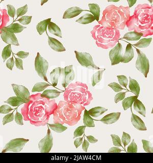 Motif sans couture avec fleurs et feuilles roses. Fond floral avec roses. Les fleurs sont dessinées à la main. Illustration pour papier peint, textiles Banque D'Images