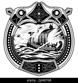 Design viking. Drakkar naviguant dans une mer orageux. Dans le cadre du motif scandinave Illustration de Vecteur