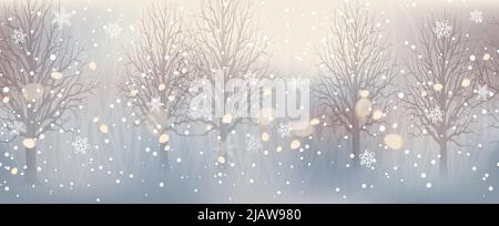 Forêt d'hiver sans couture et lumières étincelantes. Illustration d'arrière-plan de Noël vectoriel. Répétable horizontalement. Illustration de Vecteur