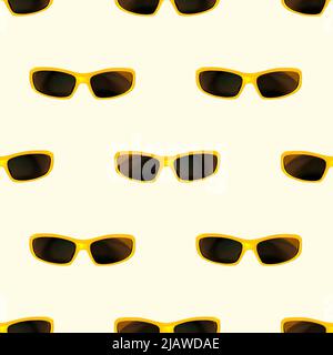 Des lunettes de soleil colorées et brillantes répètent un motif sans couture sur fond jaune pour emballer le papier. Banque D'Images