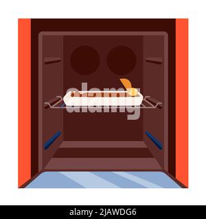 Les mains dans les gants ouvrent la porte du four, le chef cuisant du poulet rôti ou de la dinde avec des pommes de terre Illustration de Vecteur