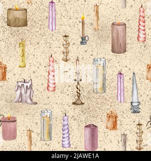 Fond aquarelle sans couture des symboles Halloween, motif bougies sans couture. Arrière-plan coloré Banque D'Images