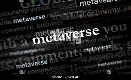 Les médias internationaux sont à la une avec Metaverse, la simulation du cyberespace et la vie dans la réalité virtuelle. Concept abstrait des titres de nouvelles sur le bruit d Banque D'Images