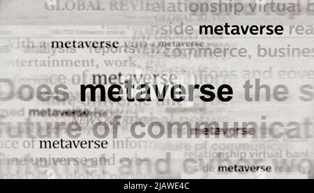 Les médias internationaux sont à la une avec Metaverse, la simulation du cyberespace et la vie dans la réalité virtuelle. Concept abstrait des titres de nouvelles sur le bruit d Banque D'Images