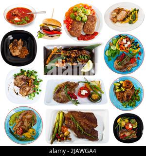 Ensemble de plats avec du porc cuit et du bœuf accompagné de différents légumes Banque D'Images