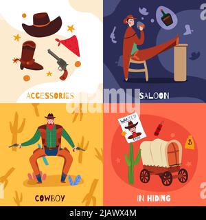 Wild West Cowboy design concept avec des compositions de texte d'icônes plates et des images de vintage stuff illustration vectorielle Illustration de Vecteur