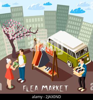 Personnes choisissant des marchandises au marché aux puces sur fond de paysage urbain composition isométrique 3d illustration vectorielle Illustration de Vecteur