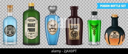 Kit réaliste transparent au poison avec images isolées de récipients de bouteille magique avec des étiquettes sur l'illustration du vecteur d'arrière-plan transparent Illustration de Vecteur