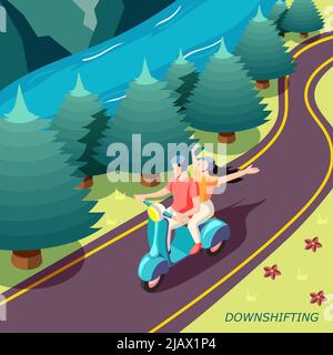 Descente en arrière-plan de la vie stressante de la vie isométrique pays paysage affiche avec couple heureux sur l'illustration de vecteur moto Illustration de Vecteur