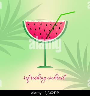 Concept de vacances tropicales. Cocktail d'été, un verre en forme de pastèque. Logo, emblème ou bannière. Illustration de Vecteur