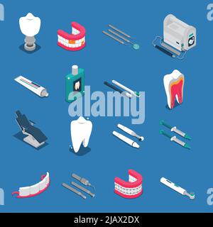 Stomatology icônes isométriques colorées isolées sur fond bleu avec des prothèses dentaires et des outils pour l'illustration de vecteur de soins dentaires Illustration de Vecteur