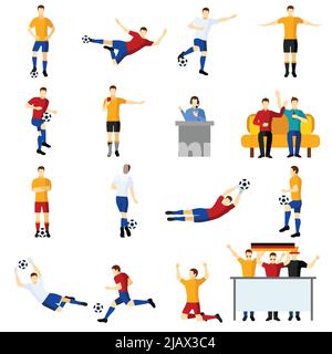 Jeu de football équipe joueurs icônes plates ensemble avec gardien de but et avant dans l'action abstrait illustration vectorielle isolée Illustration de Vecteur