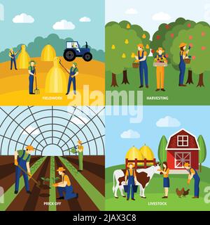 Agriculture agricole agriculture et animaux domestiques élever 4 icônes plates composition poster carré abstrait vecteur isolé illustration Illustration de Vecteur