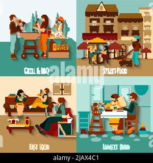 Les gens mangeant dehors concept ensemble avec Street fast food plat icônes illustration vectorielle isolée Illustration de Vecteur