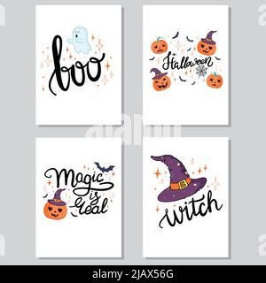 Ensemble vectoriel de vacances d'Halloween carte d'invitation ou de voeux à la main avec des salutations, des mots et des phrases calligraphiques manuscrites. Illustration de Vecteur