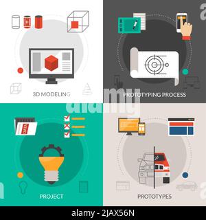 Ensemble de concepts de conception de prototypage et de modélisation avec icônes de projet 3d illustration vectorielle isolée Illustration de Vecteur